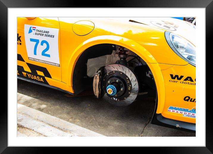 Disc brake of a Porsche touring car as part of the Thai Super Series in Bang Saen Thailand Framed Mounted Print by Wilfried Strang