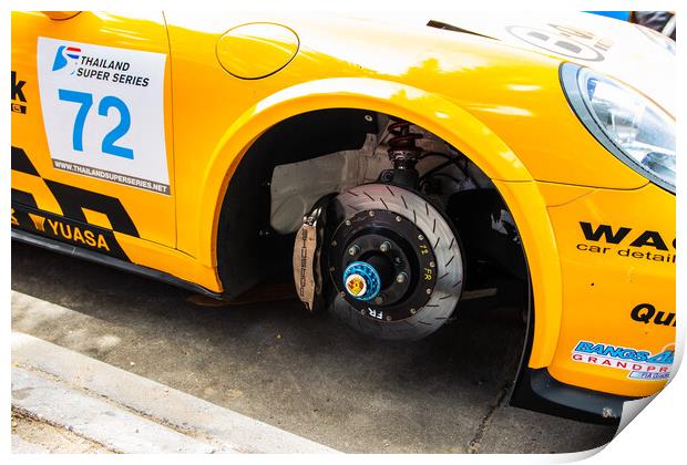 Disc brake of a Porsche touring car as part of the Thai Super Series in Bang Saen Thailand Print by Wilfried Strang