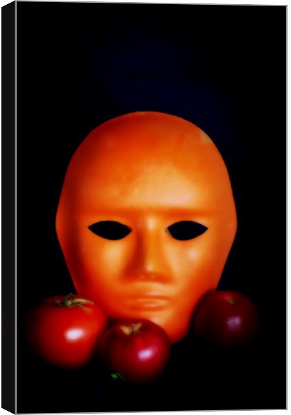 Minimalistic still life with a mask, a tomato and red apples Canvas Print by Jose Manuel Espigares Garc