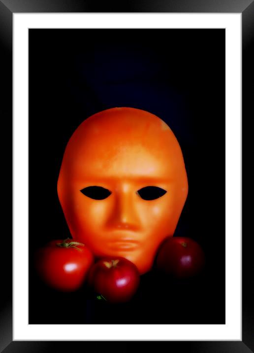Minimalistic still life with a mask, a tomato and red apples Framed Mounted Print by Jose Manuel Espigares Garc
