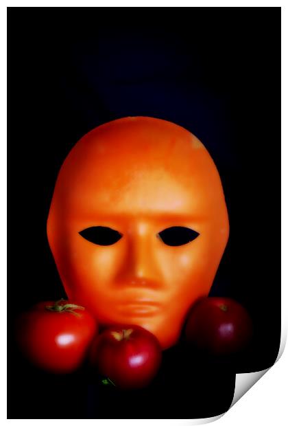 Minimalistic still life with a mask, a tomato and red apples Print by Jose Manuel Espigares Garc