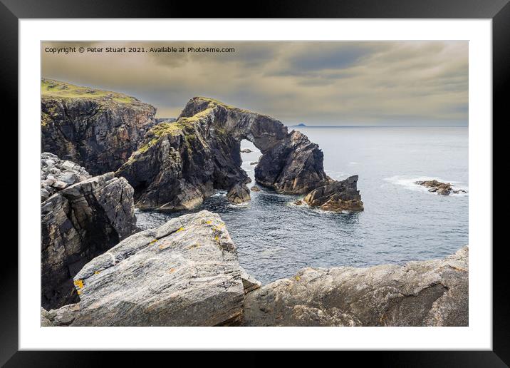 Stac a' Phris rock arch at high tide and sunset, The Isle of Lewis and Harris, Outer Hebrides, Scotland, UK Framed Mounted Print by Peter Stuart
