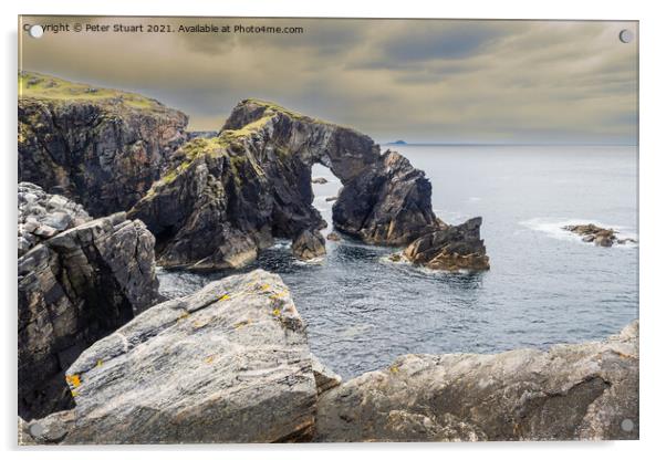 Stac a' Phris rock arch at high tide and sunset, The Isle of Lewis and Harris, Outer Hebrides, Scotland, UK Acrylic by Peter Stuart