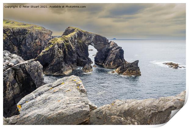 Stac a' Phris rock arch at high tide and sunset, The Isle of Lewis and Harris, Outer Hebrides, Scotland, UK Print by Peter Stuart