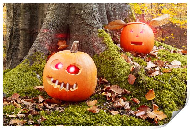 Halloween pumpkins in the forest Print by Simon Bratt LRPS