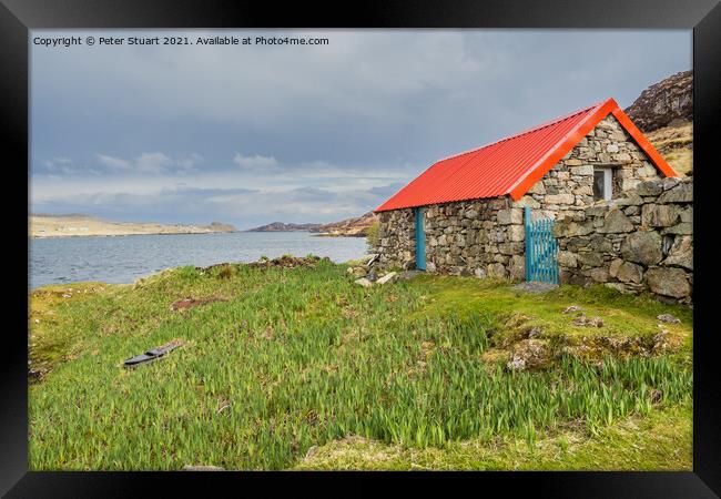 Red roof bothy at lickisto Isle of Harris Outer Hebrides Framed Print by Peter Stuart