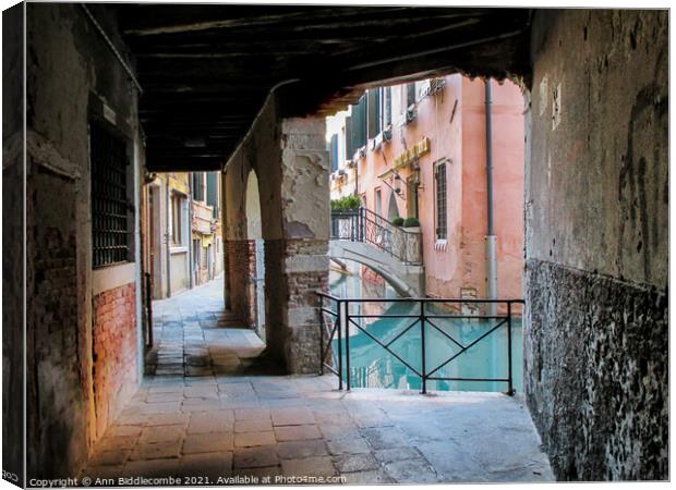 A street in Venice Canvas Print by Ann Biddlecombe