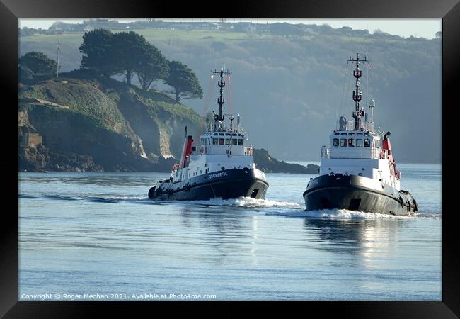 Powerful Tugboats on the River Tamar Framed Print by Roger Mechan