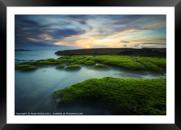 Green moss covered rocks in Magoito beach at sunset - Sintra, Portugal Framed Mounted Print by Paulo Rocha