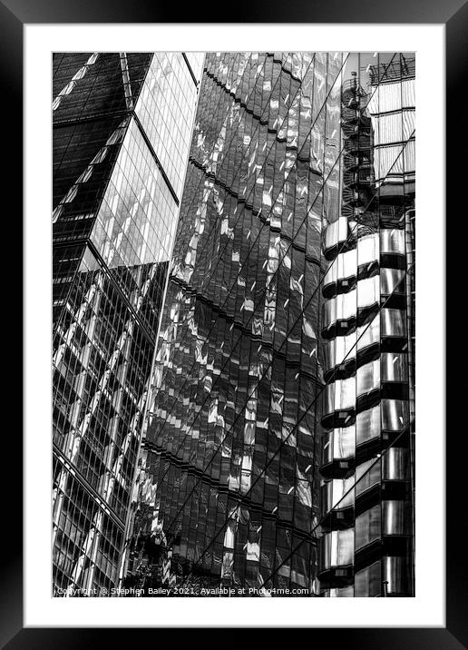 Multiple buildings reflecting off each other in London Framed Mounted Print by Stephen Bailey