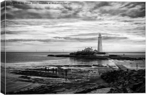 St Mary's Island and Lighthouse in August in Monochrome Canvas Print by Jim Jones