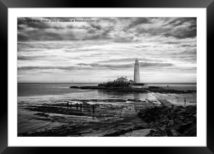 St Mary's Island and Lighthouse in August in Monochrome Framed Mounted Print by Jim Jones