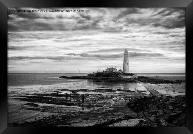 St Mary's Island and Lighthouse in August in Monochrome Framed Print by Jim Jones