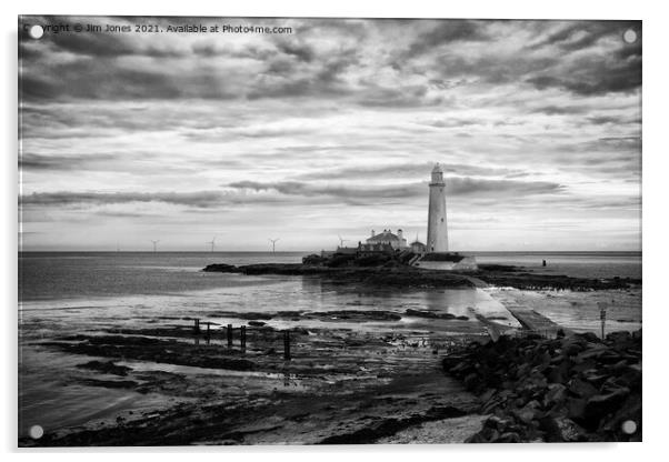 St Mary's Island and Lighthouse in August in Monochrome Acrylic by Jim Jones