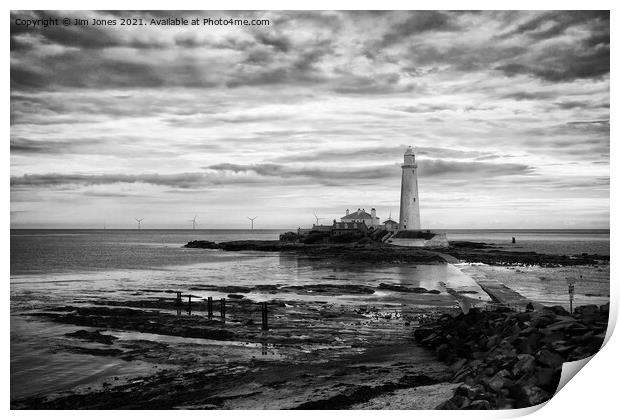 St Mary's Island and Lighthouse in August in Monochrome Print by Jim Jones