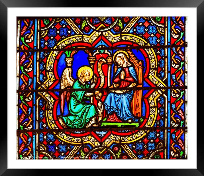 Annunciation Angel Mary Stained Glass Notre Dame Cathedral Paris Framed Mounted Print by William Perry