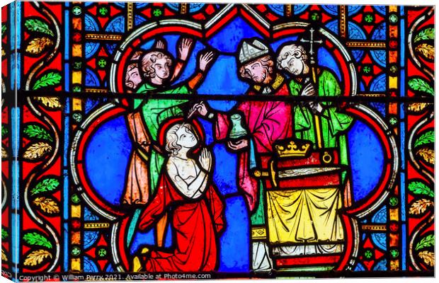 Bishop Blessing King Castle Paris Stained Glass Notre Dame Cathe Canvas Print by William Perry