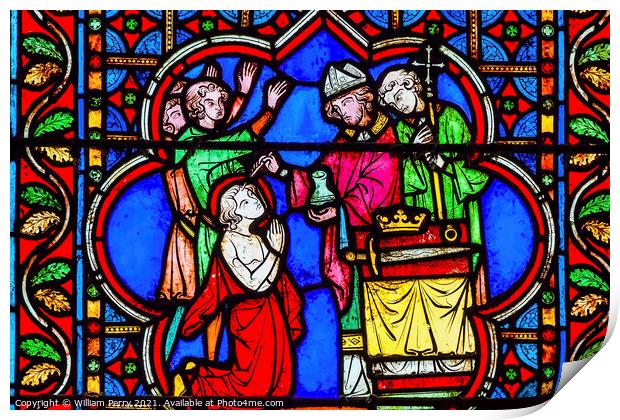 Bishop Blessing King Castle Paris Stained Glass Notre Dame Cathe Print by William Perry