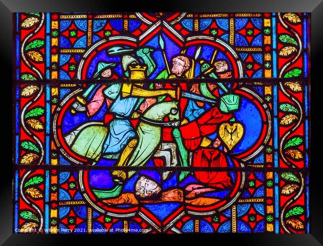 Knights Fighting Battle Stained Glass Notre Dame Cathedral Paris Framed Print by William Perry