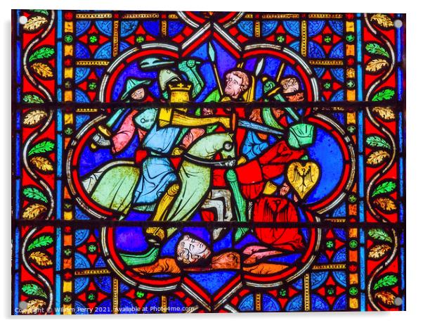 Knights Fighting Battle Stained Glass Notre Dame Cathedral Paris Acrylic by William Perry