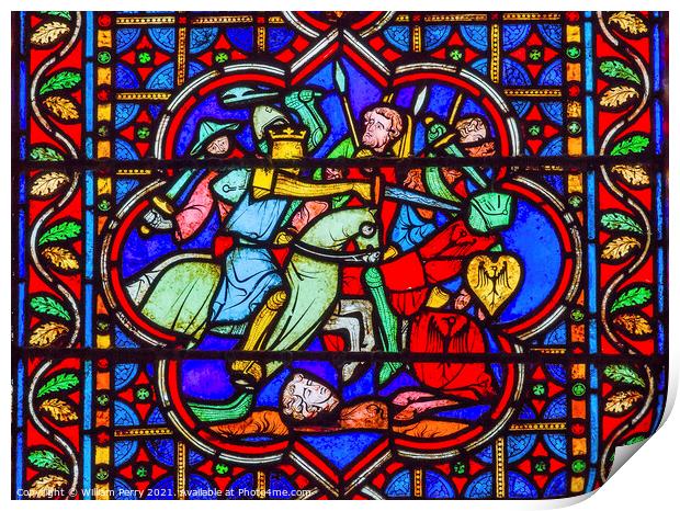 Knights Fighting Battle Stained Glass Notre Dame Cathedral Paris Print by William Perry
