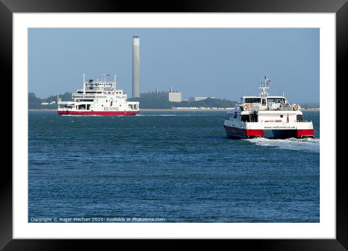 Car Ferry and catamaran at Cowes Isle of Wight Framed Mounted Print by Roger Mechan