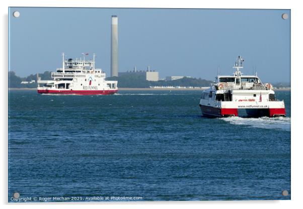 Car Ferry and catamaran at Cowes Isle of Wight Acrylic by Roger Mechan