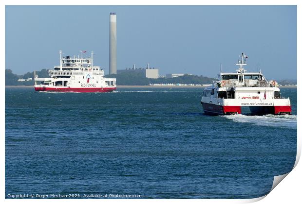 Car Ferry and catamaran at Cowes Isle of Wight Print by Roger Mechan