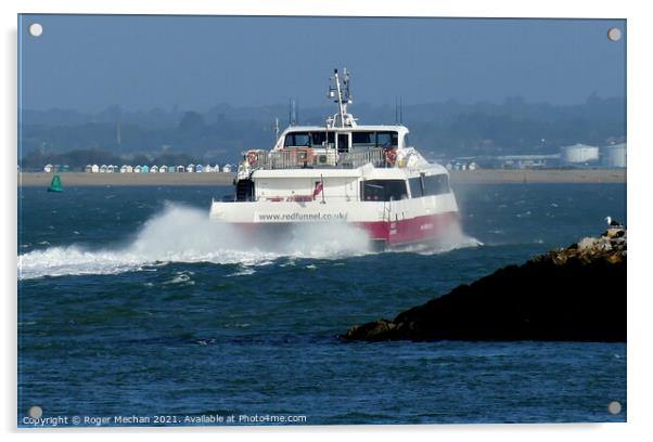Catamaran Leaving Cowes Isle of Wight. Acrylic by Roger Mechan