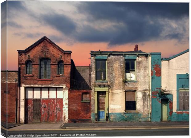 a deserted street of old abandoned ruined houses w Canvas Print by Philip Openshaw
