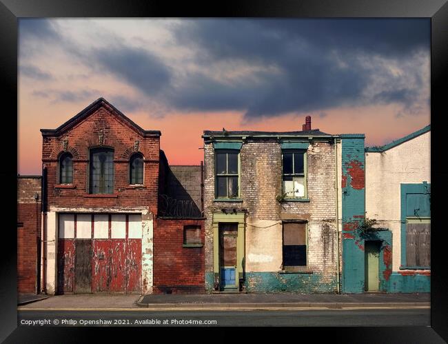 a deserted street of old abandoned ruined houses w Framed Print by Philip Openshaw