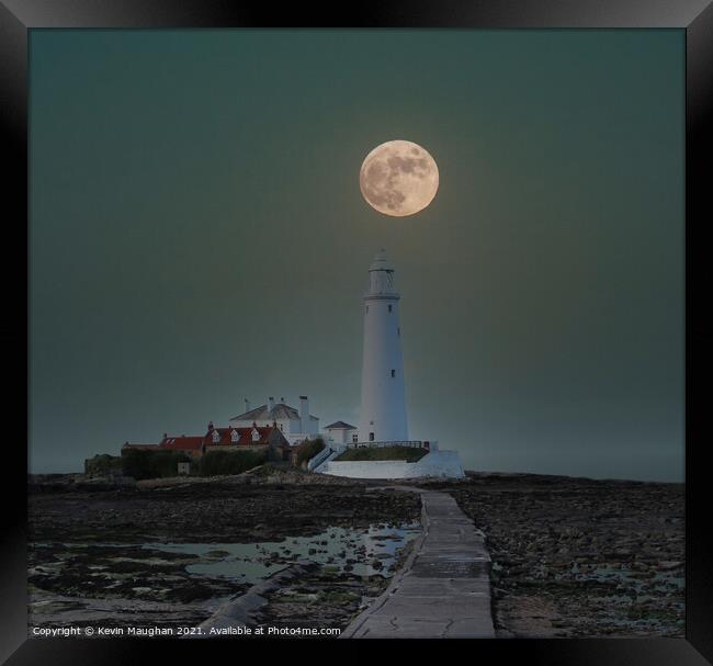 St Marys Lighthouse With The Moon Framed Print by Kevin Maughan