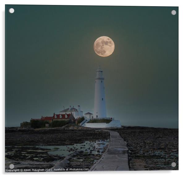 St Marys Lighthouse With The Moon Acrylic by Kevin Maughan