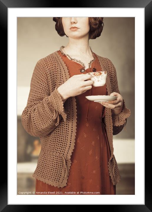 Woman Drinking Tea Framed Mounted Print by Amanda Elwell