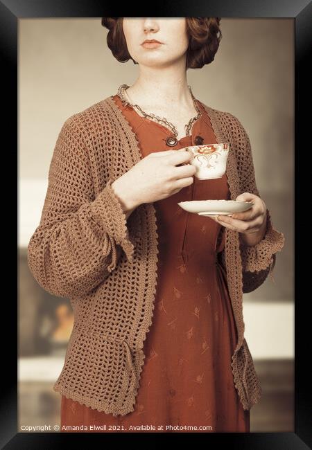 Woman Drinking Tea Framed Print by Amanda Elwell