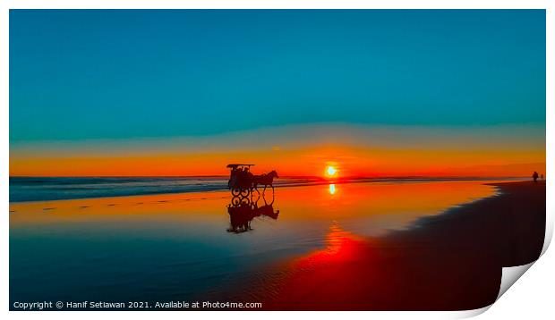 Horse-drawn carriage at sunset on beach Print by Hanif Setiawan