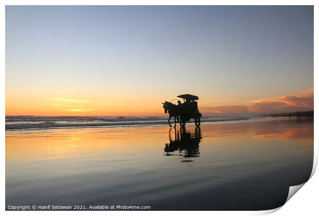 Horse-drawn carriage at sunset on beach Print by Hanif Setiawan