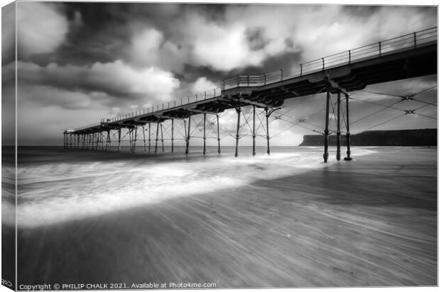 Saltburn pier on a blustery day bw 589 Canvas Print by PHILIP CHALK