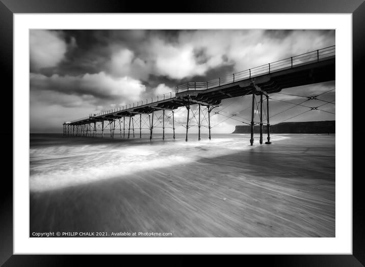 Saltburn pier on a blustery day bw 589 Framed Mounted Print by PHILIP CHALK