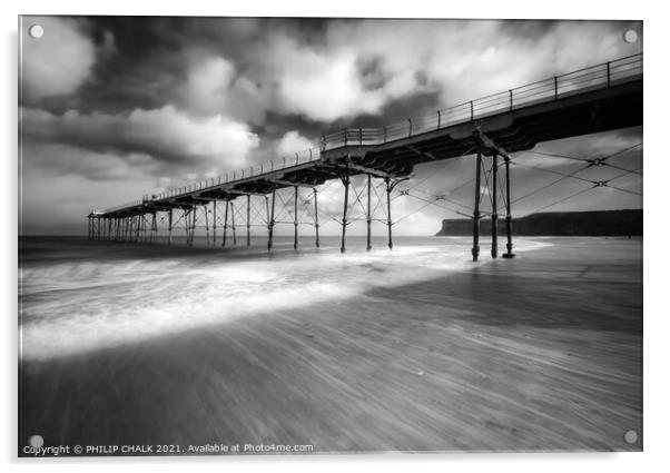 Saltburn pier on a blustery day bw 589 Acrylic by PHILIP CHALK