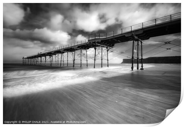 Saltburn pier on a blustery day bw 589 Print by PHILIP CHALK