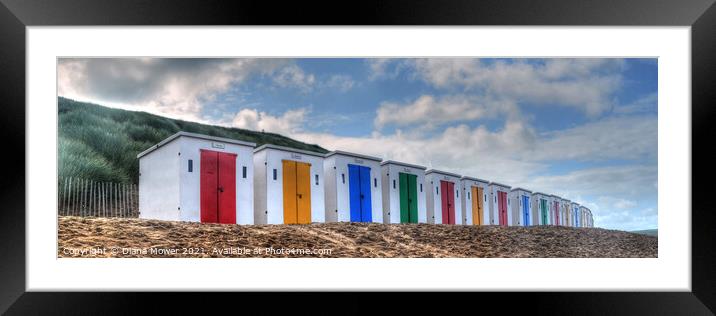 Colourful Beach Huts Devon Panoramic. Framed Mounted Print by Diana Mower