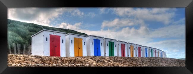Colourful Beach Huts Devon Panoramic. Framed Print by Diana Mower