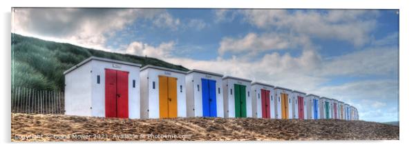 Colourful Beach Huts Devon Panoramic. Acrylic by Diana Mower