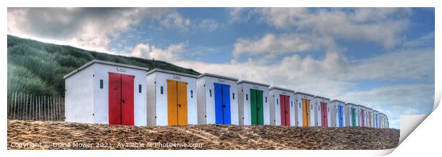 Colourful Beach Huts Devon Panoramic. Print by Diana Mower