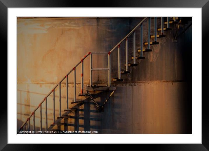Golden glow on metal stairs outside an industrial  Framed Mounted Print by Errol D'Souza
