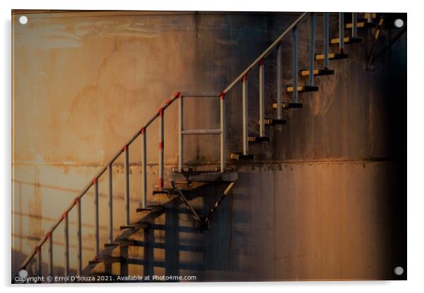 Golden glow on metal stairs outside an industrial  Acrylic by Errol D'Souza