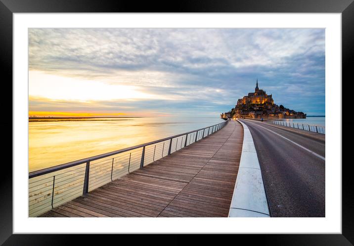 Le Mont Saint-Michel and the bridge over water in Normandy Framed Mounted Print by Laurent Renault