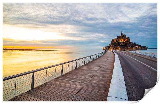 Le Mont Saint-Michel and the bridge over water in Normandy Print by Laurent Renault