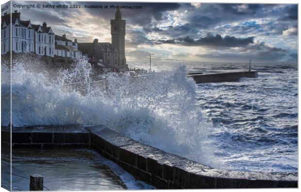 Porthleven storm  Cornwall Clock tower Canvas Print by kathy white